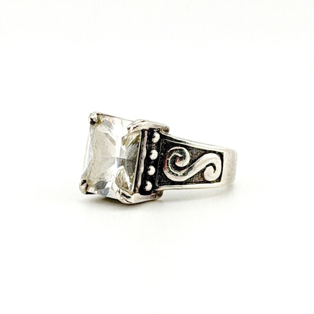 Statement Vintage Silver Ring Emerald Cut Clear CZ Scroll Detail Size 8